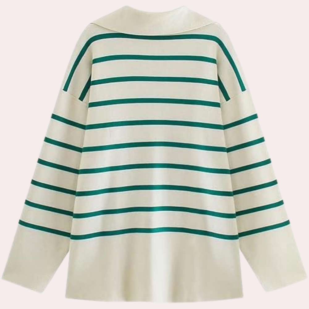 Beige trui met groene strepen, lange mouwen, ronde hals. Modieuze dameskleding, comfortabele pasvorm, ideaal voor casual en trendy outfits.