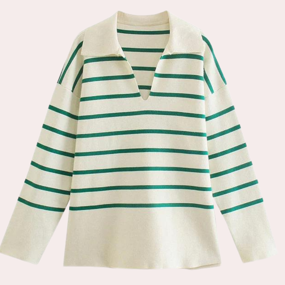 Beige en groene gestreepte trui met V-hals en lange mouwen, casual damesmode, comfortabele katoenen stof, trendy herfst- en winterkleding.