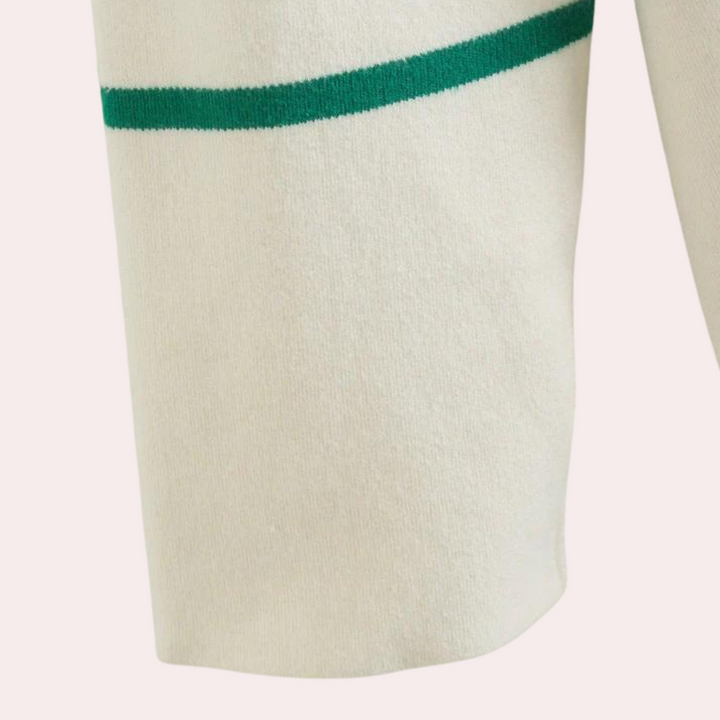 Beige trui met groene streep, gebreid katoen, minimalistisch design, comfortabele pasvorm, modieuze dameskleding, herfst-winter collectie.