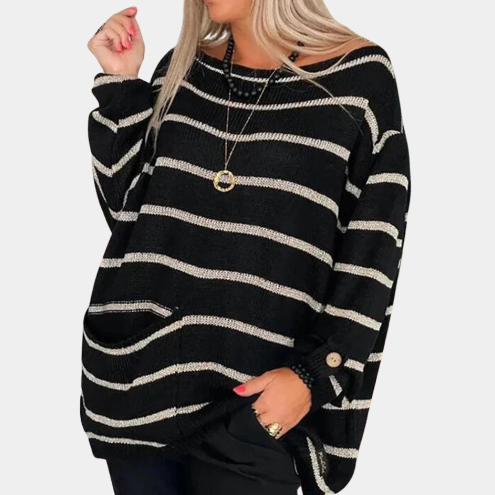 Zwarte gestreepte trui dames, oversized pasvorm, lange mouwen, ronde hals, casual stijl, met zak en knoopdetail, modieuze herfstkleding.