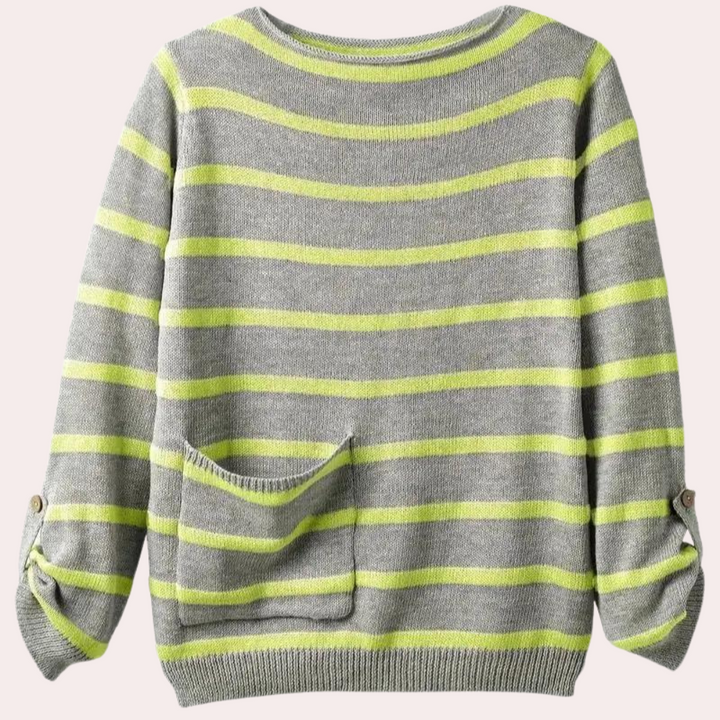 Grijs-groene gestreepte trui met zak en knoopdetails op de mouwen, damesmode, comfortabele casual stijl, herfstkleding.