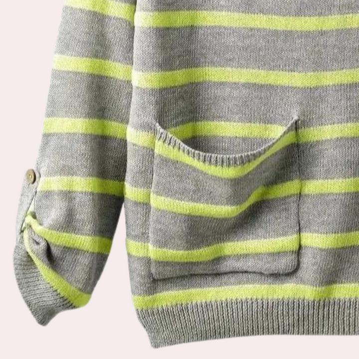 Grijs-groene gestreepte trui met zak en opgerolde mouw, damesmode, casual kleding, comfortabele stof, trendy design.