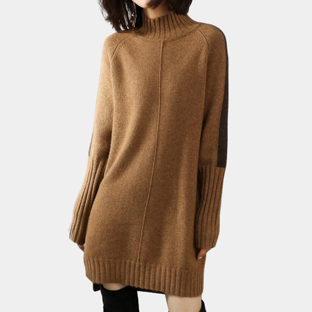 Dames camel trui jurk met col, lange mouwen en geribbelde details. Modieuze herfstkleding, comfortabel en stijlvol. Perfect voor casual outfits.