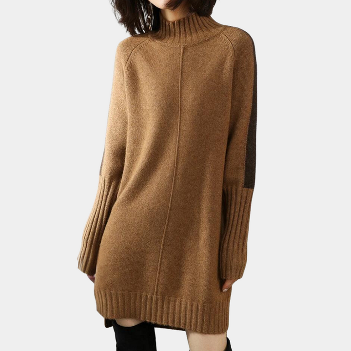 Dames camel trui jurk met col, lange mouwen en geribbelde details. Modieuze herfstkleding, comfortabel en stijlvol. Perfect voor casual outfits.