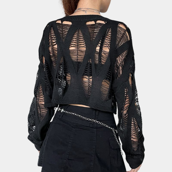 Zwarte gehaakte trui met opengewerkt patroon, lange mouwen en cropped design. Modieuze dameskleding, perfect voor trendy en casual outfits.