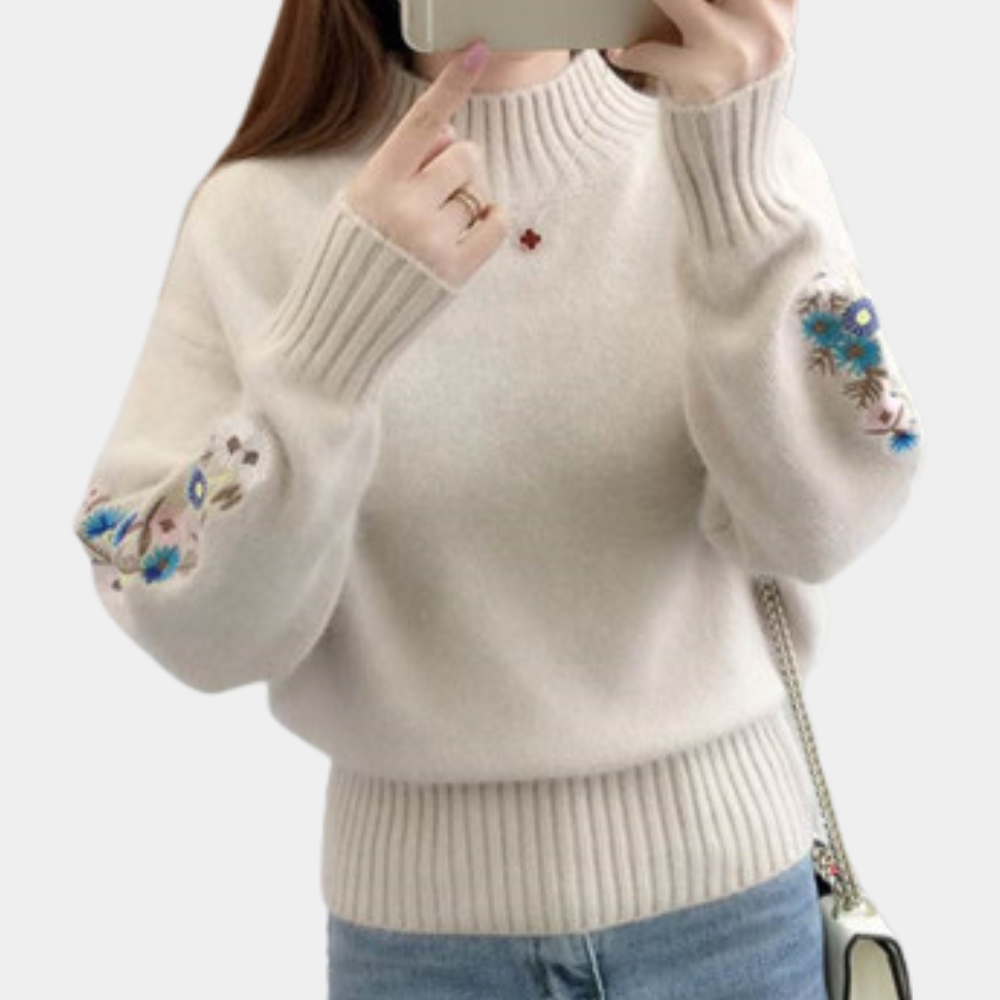 Damestrui met geborduurde bloemen op mouwen, beige kleur, ribgebreide boorden, casual stijl, perfect voor herfst- en wintermode.