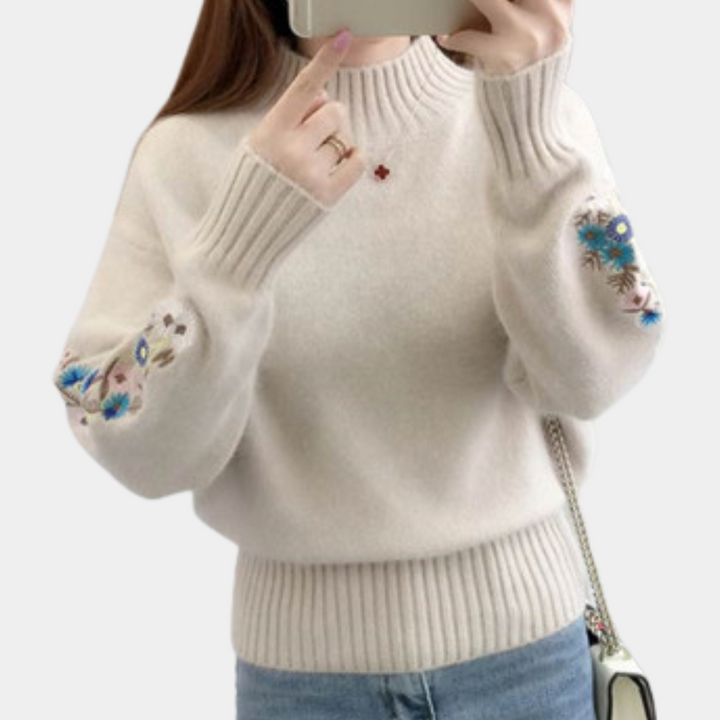 Damestrui met geborduurde bloemen op mouwen, beige kleur, ribgebreide boorden, casual stijl, perfect voor herfst- en wintermode.