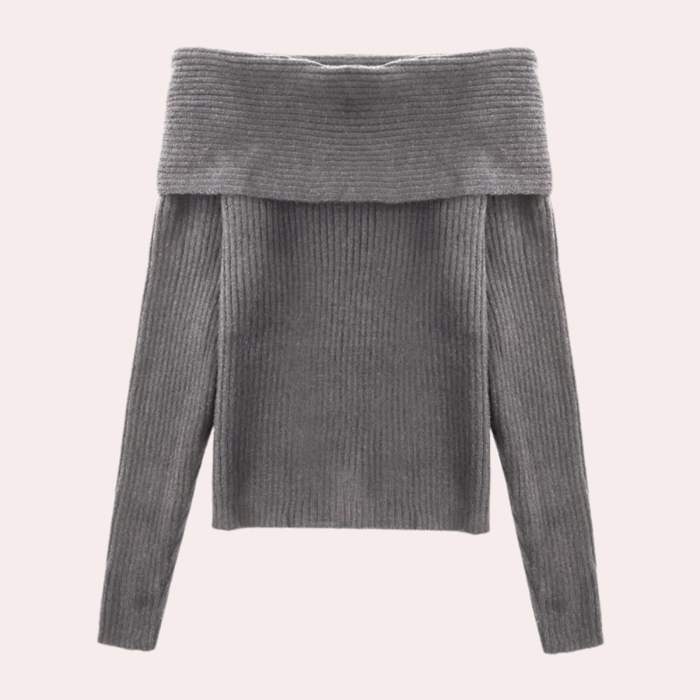 Grijze off-shoulder trui voor dames, ribgebreid, lange mouwen, modieuze herfst- en winterkleding, comfortabele en stijlvolle damestrui.