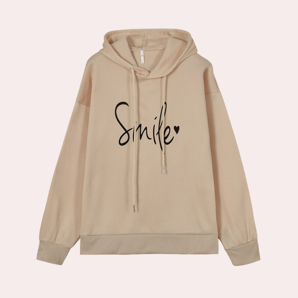 Beige dames hoodie met capuchon en "Smile" opdruk, lange mouwen, casual stijl, comfortabele pasvorm, perfect voor dagelijks gebruik.