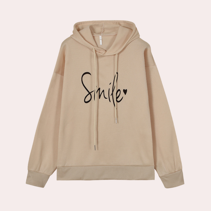 Beige dames hoodie met capuchon en "Smile" opdruk, lange mouwen, casual stijl, comfortabele pasvorm, perfect voor dagelijks gebruik.