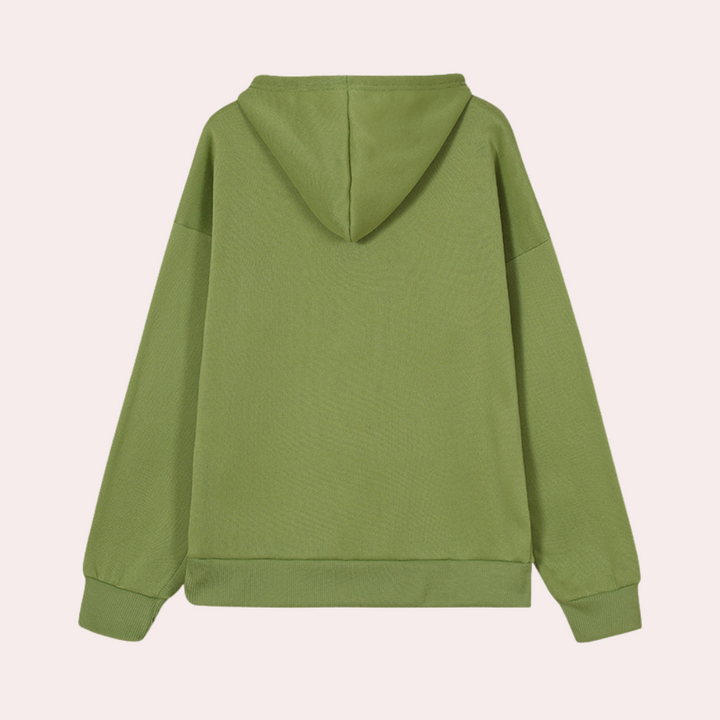 Groene hoodie met capuchon, lange mouwen en geribbelde boorden, perfect voor casual en sportieve outfits. Comfortabele en trendy kledingstijl.