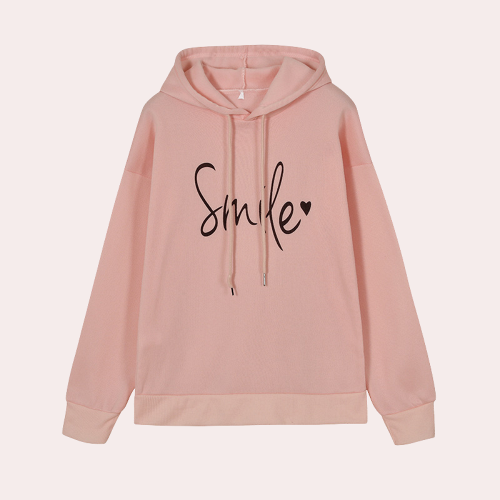 Roze hoodie met capuchon en "Smile" opdruk, dameskleding, casual mode, comfortabele trui, trendy streetwear, katoenen sweater.