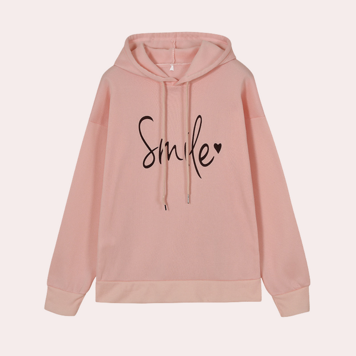 Roze hoodie met capuchon en "Smile" opdruk, dameskleding, casual mode, comfortabele trui, trendy streetwear, katoenen sweater.
