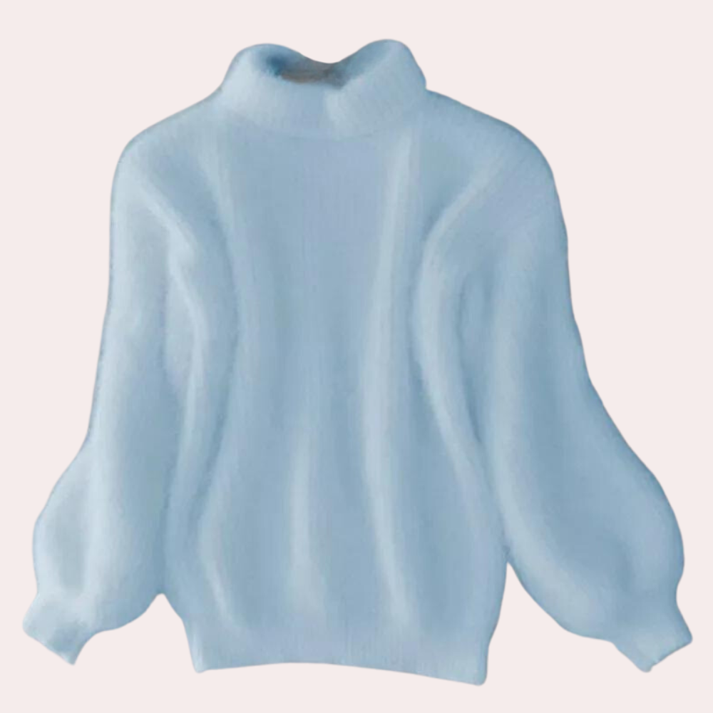 Lichtblauwe damestrui met col, lange pofmouwen en geribbelde textuur. Perfect voor wintermode en casual outfits. Comfortabel en stijlvol ontwerp.