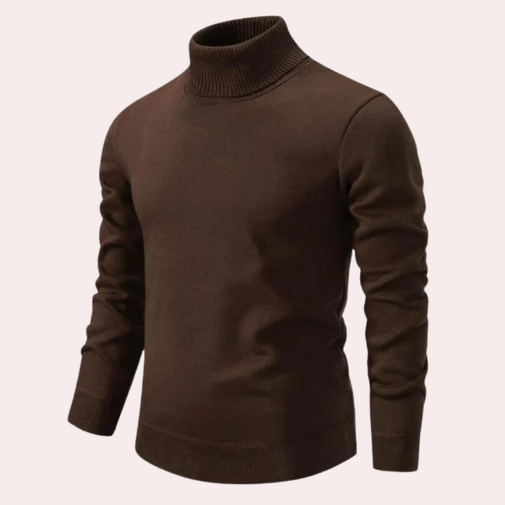 Bruine coltrui voor heren, gemaakt van zacht katoen. Stijlvolle en warme trui, ideaal voor herfst- en wintermode. Perfect voor casual en formele gelegenheden.