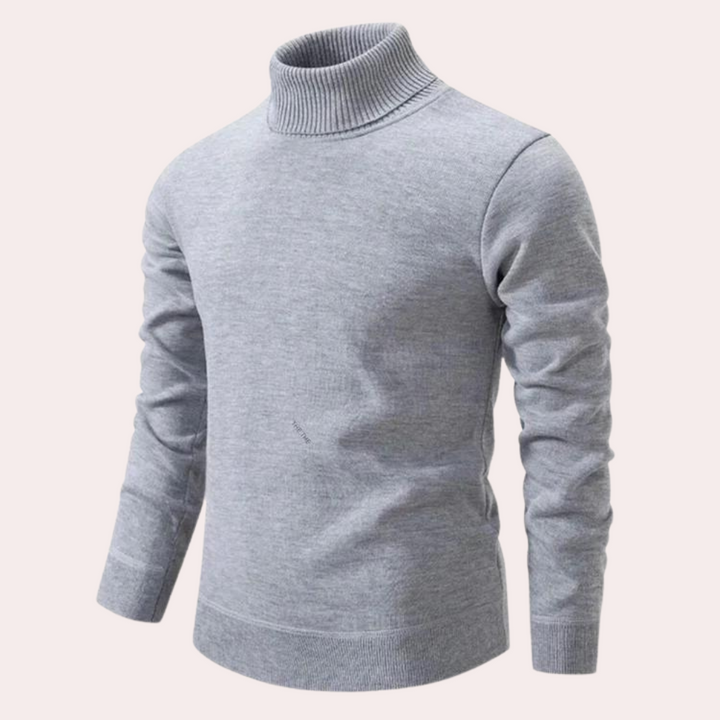 Grijze coltrui heren, gebreid, lange mouwen, casual stijl, wintermode, comfortabele pasvorm, hoogwaardige stof, modieuze herenkleding.