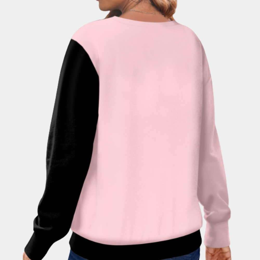 Roze en zwarte damestrui, achterkant, lange mouwen, casual stijl, comfortabele pasvorm, modieuze kleding, perfect voor dagelijks gebruik.