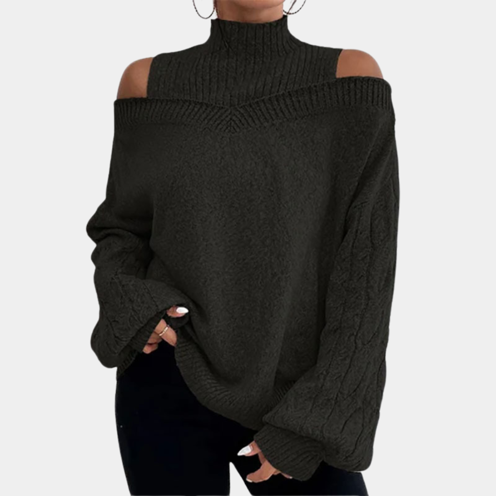 Zwarte off-shoulder trui met col, kabelpatroon en lange mouwen voor dames. Stijlvolle wintermode, comfortabele pasvorm, trendy design.