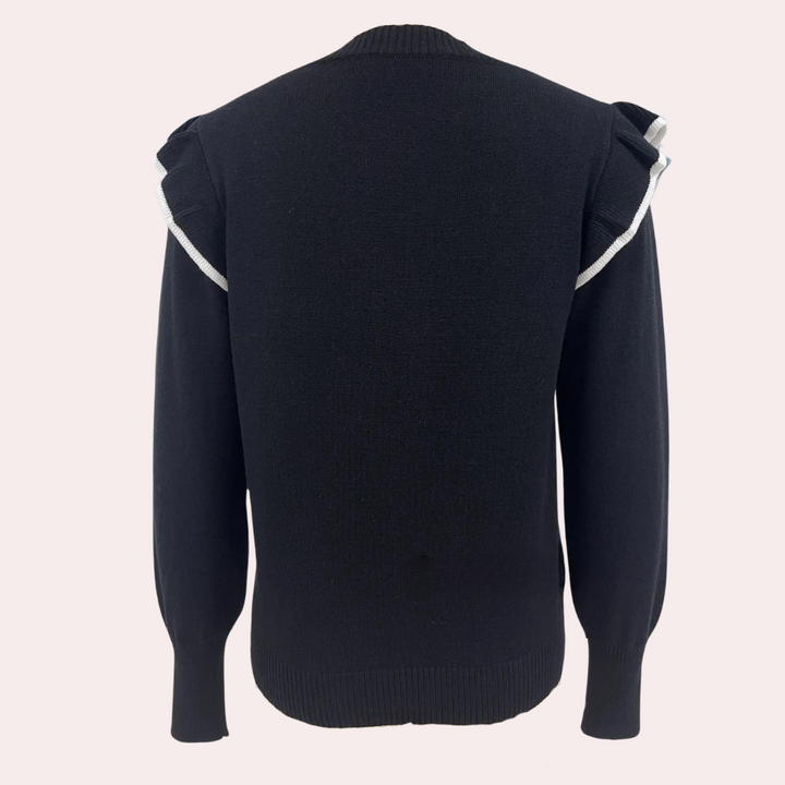Zwarte damestrui met ruches op de schouders, lange mouwen en ronde hals. Stijlvolle en elegante kleding voor herfst- en wintermode.