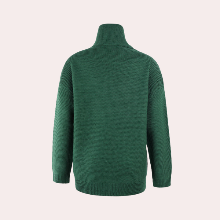 Donkergroene gebreide trui met col, lange mouwen en geribbelde boorden, perfect voor herfst- en wintermode. Comfortabele en stijlvolle dameskleding.