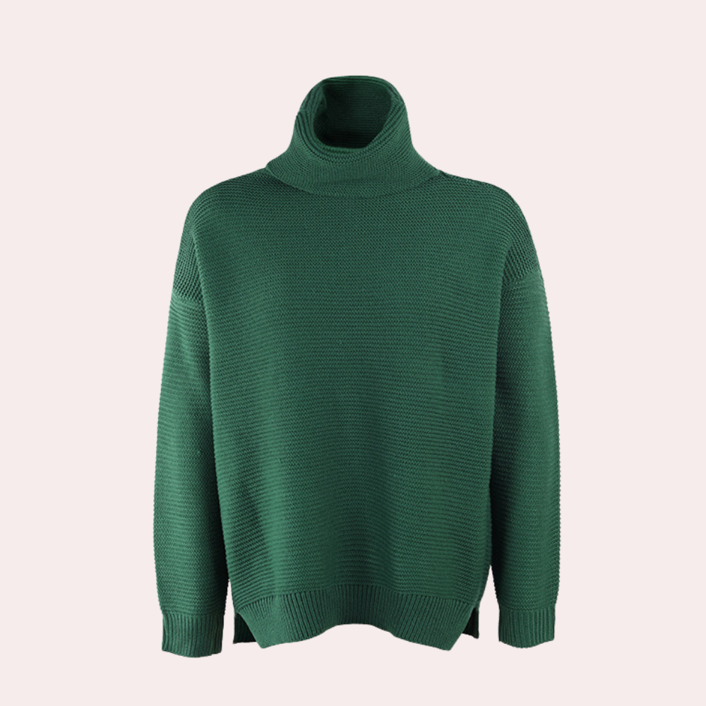 Groene coltrui dames, gebreid, oversized pasvorm, lange mouwen, casual wintermode, warme trui, stijlvolle kleding, modetrend 2023.