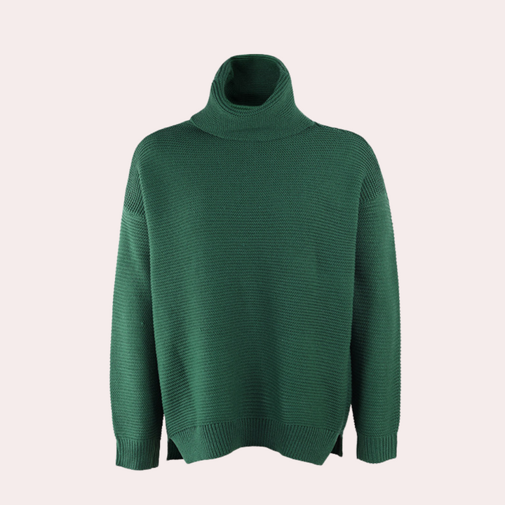 Groene coltrui dames, gebreid, oversized pasvorm, lange mouwen, casual wintermode, warme trui, stijlvolle kleding, modetrend 2023.