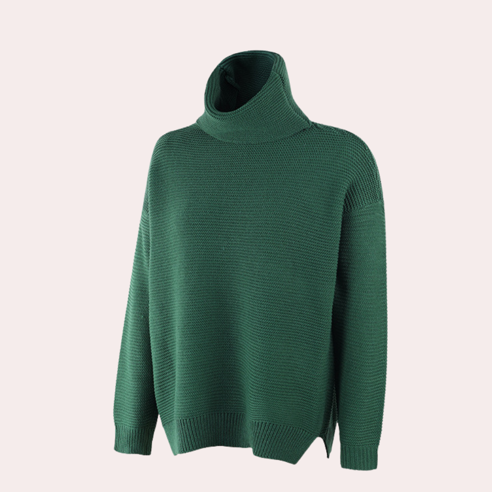 Groene coltrui dames, gebreid, lange mouwen, casual stijl. Perfect voor herfst en winter. Comfortabele pasvorm, modieuze kleding.