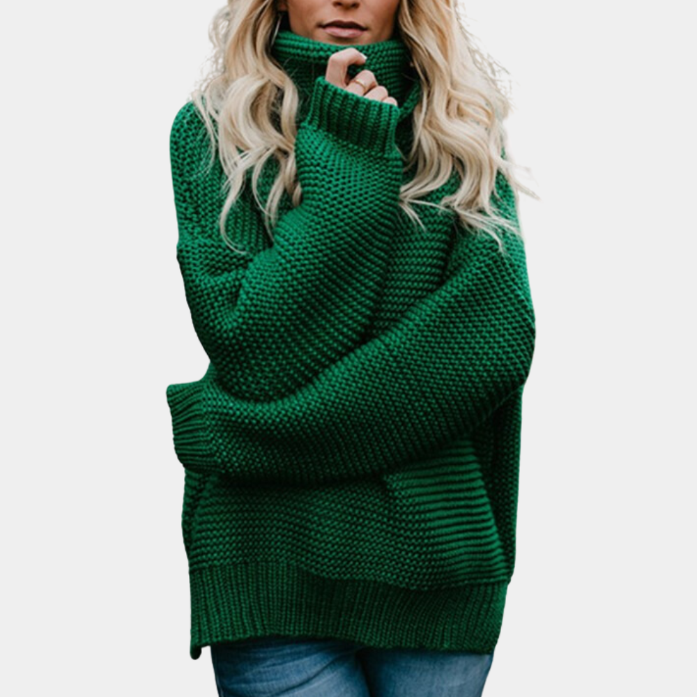 Vrouw in groene gebreide trui met col, casual wintermode, trendy dameskleding, comfortabele oversized pasvorm, modieuze outfit.