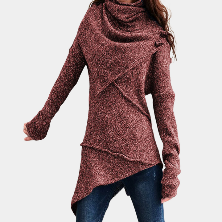Rode asymmetrische damestrui met lange mouwen, gemaakt van gebreide stof. Modieuze casual look, ideaal voor herfst- en winterkleding.