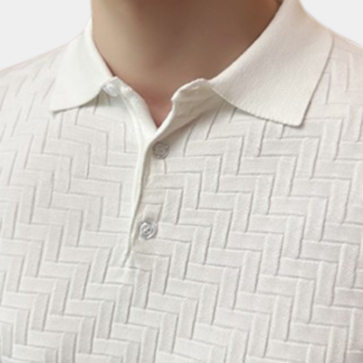 Witte polo met geweven patroon, korte mouwen en knoopsluiting. Stijlvolle herenkleding, ideaal voor casual en formele gelegenheden.
