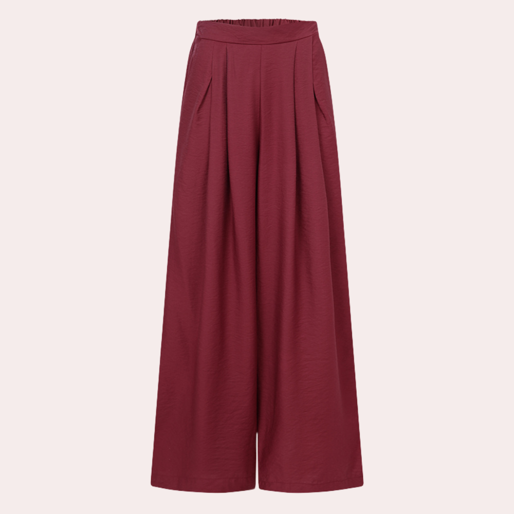 Bordeauxrode wijde broek met hoge taille en plooien, damesmode, elegante palazzobroek, comfortabele pasvorm, trendy kleding, Beulah collectie.