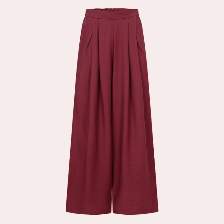 Bordeauxrode wijde broek met hoge taille en plooien, damesmode, elegante palazzobroek, comfortabele pasvorm, trendy kleding, Beulah collectie.