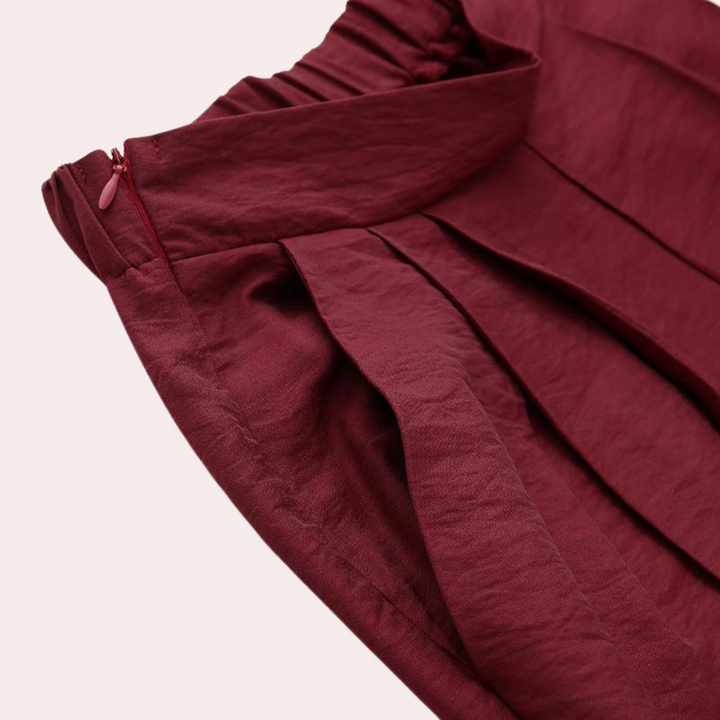 Bordeauxrode geplooide rok met elastische tailleband en ritssluiting, gemaakt van lichtgewicht stof. Perfect voor modieuze dameskleding.