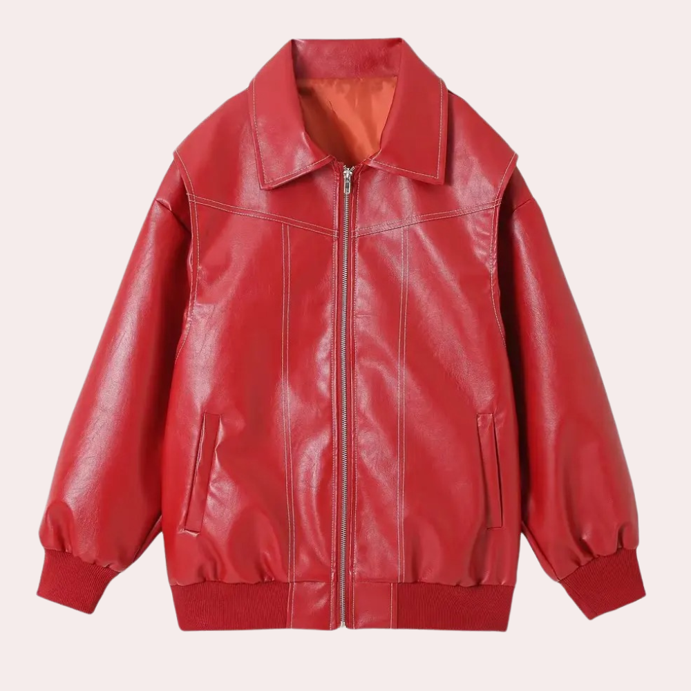 Rode leren jas met ritssluiting, klassieke kraag en zakken. Modieuze damesjas, perfect voor herfst en winter. Trendy en stijlvol design.