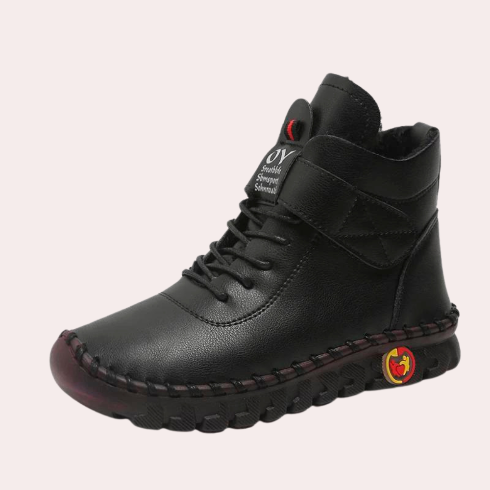 Zwarte leren sneakerlaars met veters en klittenbandsluiting, comfortabele zool, casual stijl, geschikt voor dagelijks gebruik.