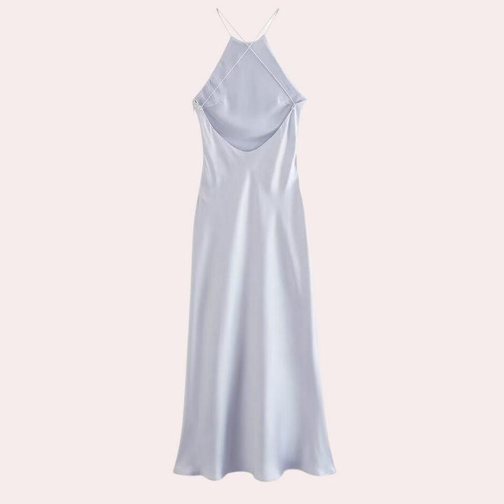Zilverkleurige satijnen slipjurk met open rug en dunne bandjes, elegante avondjurk voor dames, perfect voor feestjes en speciale gelegenheden.