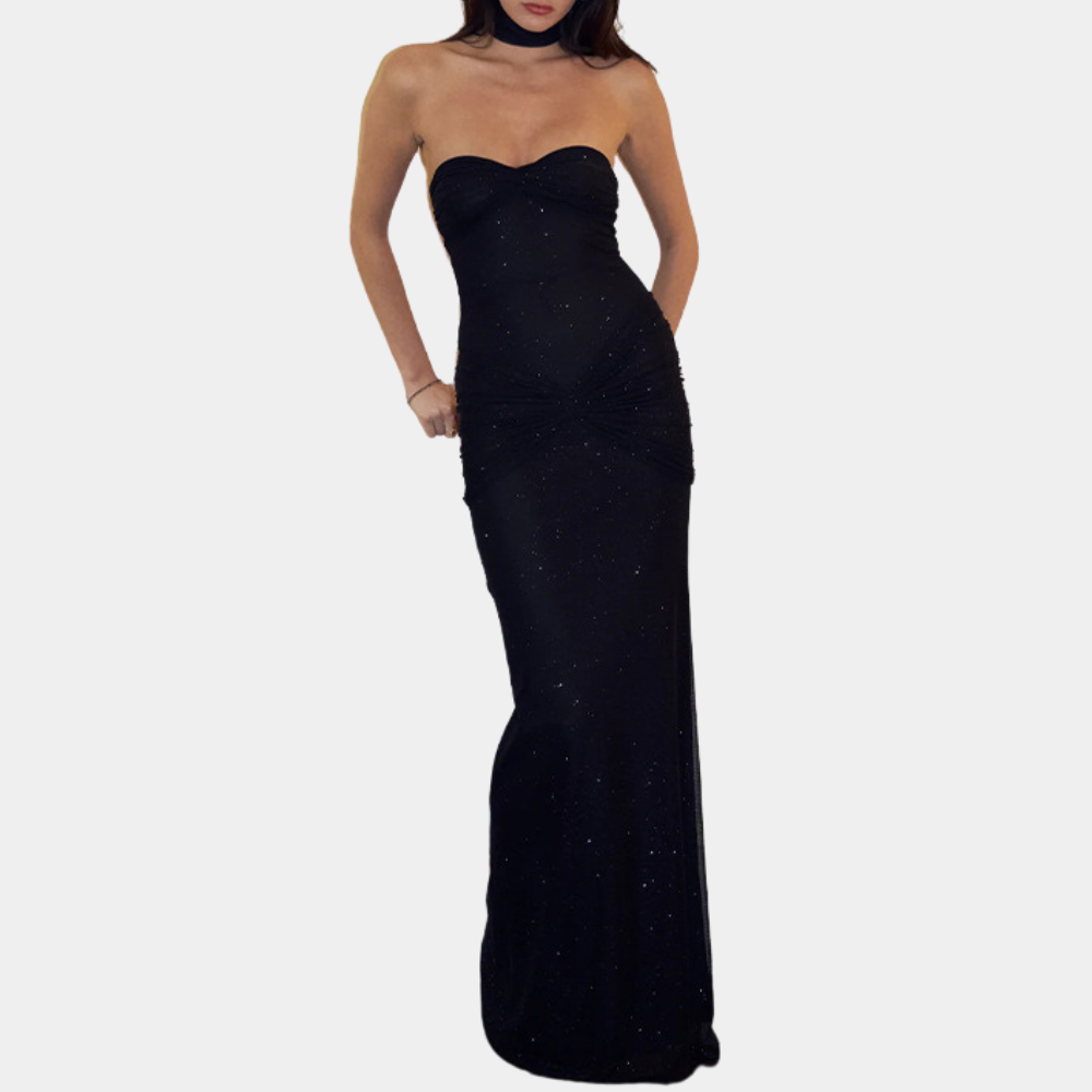 Strapless zwarte avondjurk voor dames, elegante lange galajurk met subtiele glinsterende details, perfect voor formele gelegenheden en feesten.