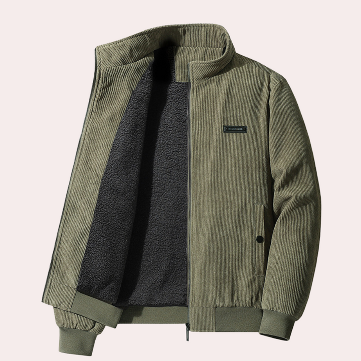 Olijfgroene corduroy jas met ritssluiting, gevoerd met fleece. Stijlvolle herenjassen, wintermode, warme kleding, trendy outerwear.