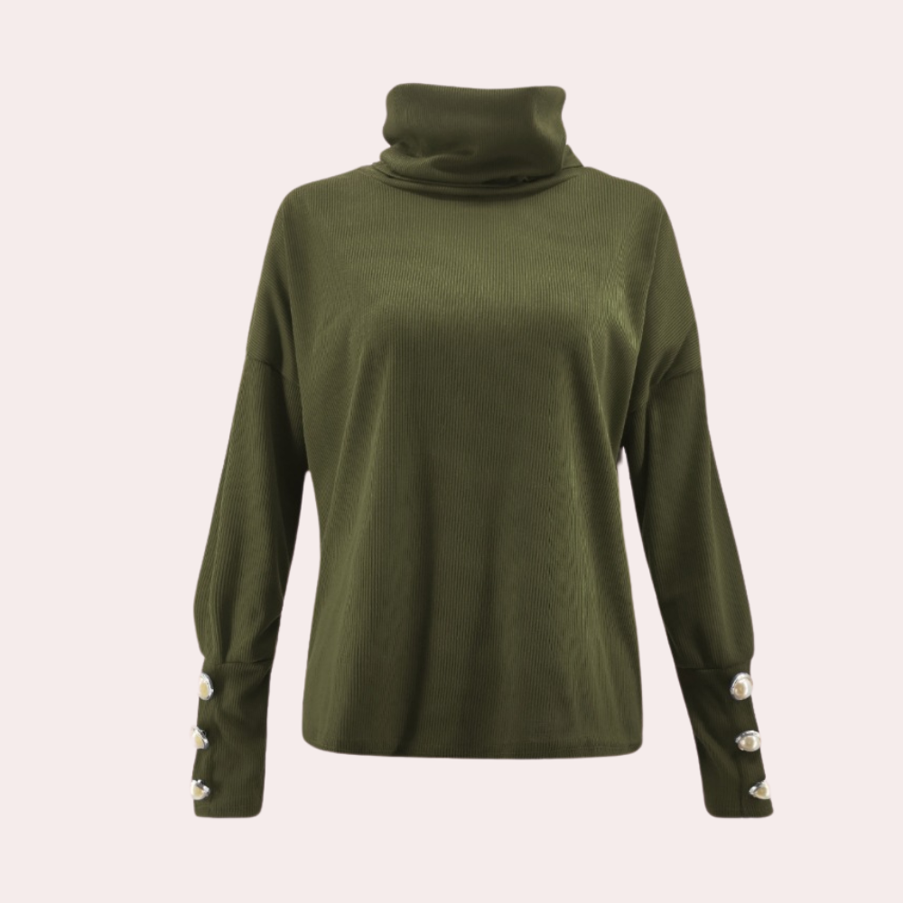 Olijfgroene damestrui met col en knopen op de mouwen, modieuze herfstkleding, comfortabele pasvorm, ideaal voor casual en stijlvolle outfits.