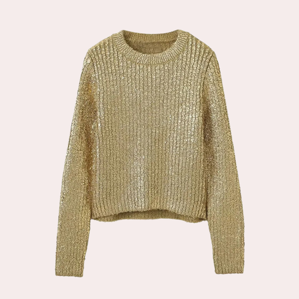 Gouden damestrui met lange mouwen, gebreid patroon, ronde hals. Perfect voor herfst- en wintermode. Stijlvolle en warme kledingoptie.