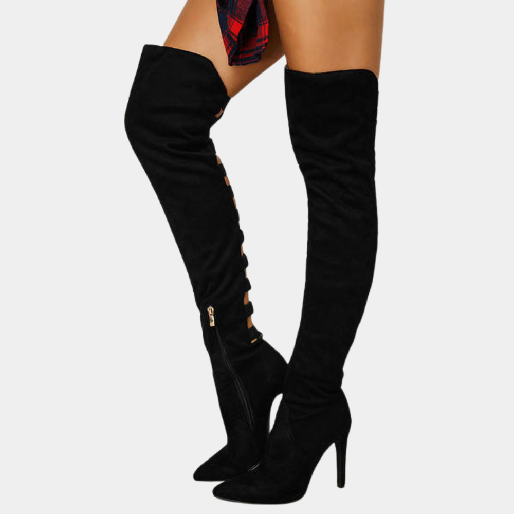 Zwarte overknee laarzen met hoge hakken en ritssluiting, stijlvolle damesmode, perfect voor herfst- en winteroutfits, trendy en elegant design.