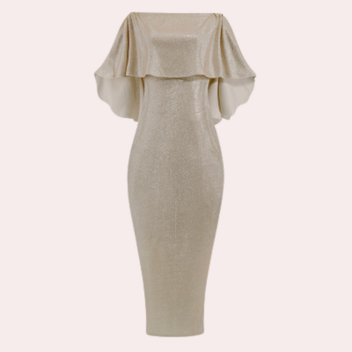 Champagnekleurige off-shoulder jurk, glinsterend, elegante avondjurk, strapless ontwerp, perfecte keuze voor feestelijke gelegenheden.