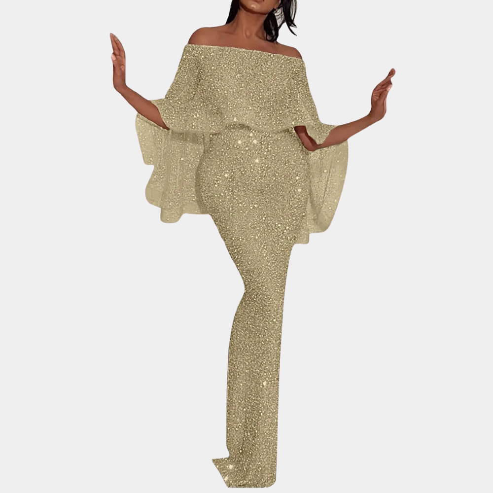 Gouden glitterjurk met off-shoulder ontwerp en wijde mouwen, elegante avondkleding voor dames, perfect voor feestelijke gelegenheden.