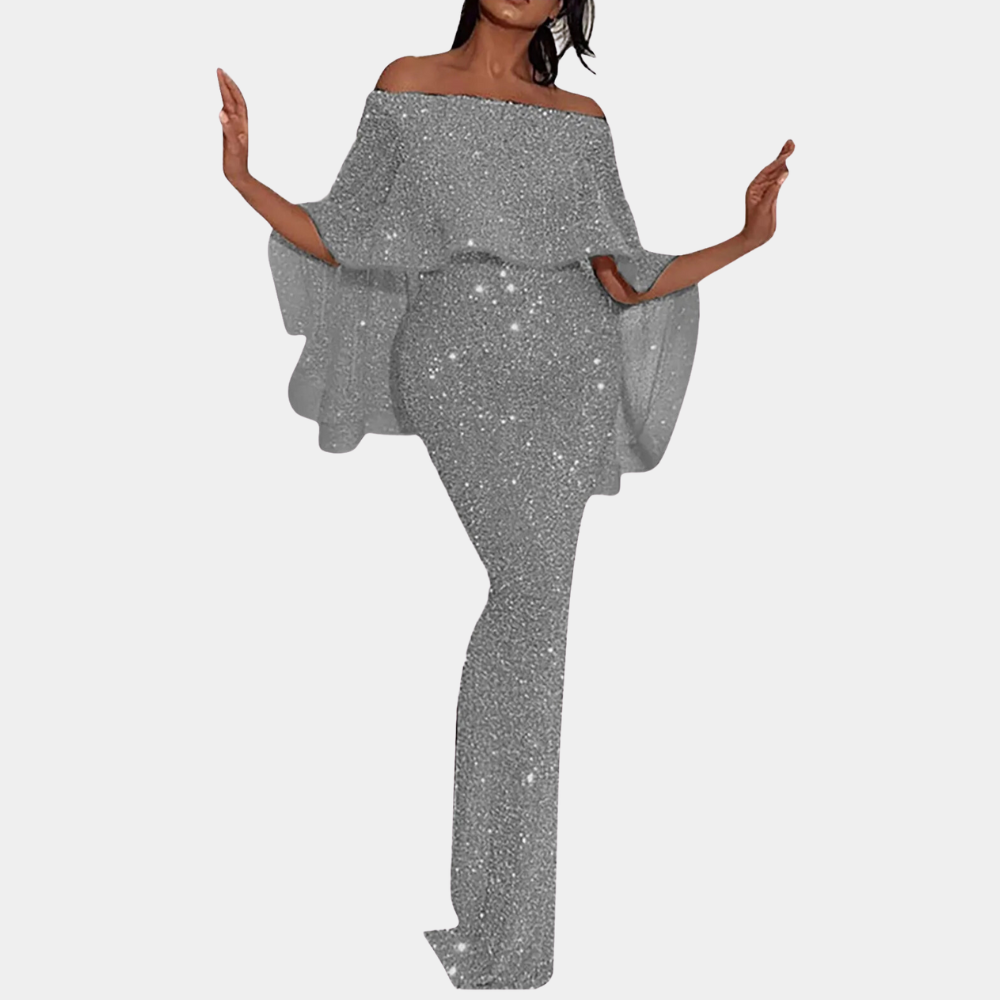 Grijze glitterjurk met off-shoulder ontwerp en wijde mouwen, elegant en stijlvol voor avondkleding. Perfect voor feestelijke gelegenheden.