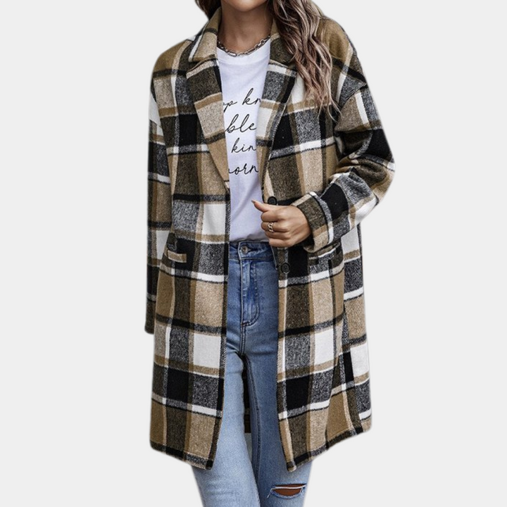 Dames geruite jas in geel, zwart en wit, lange mouwen, casual stijl, perfect voor herfstmode. Trendy en comfortabel ontwerp.