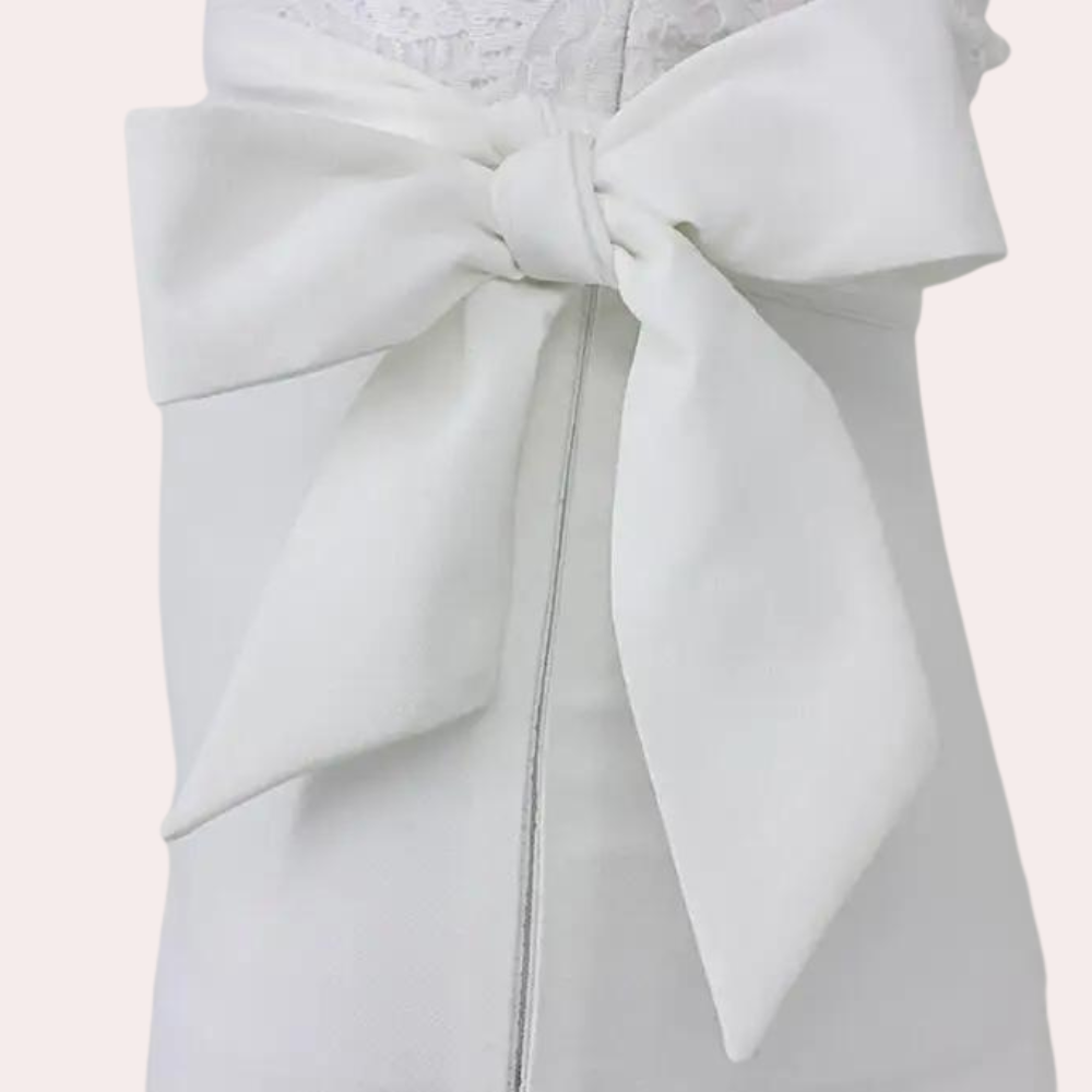 Witte strik op elegante jurk, close-up. Perfect voor bruiloften en formele evenementen. Luxe modeaccessoire, verfijnde stijl, hoogwaardige stof.