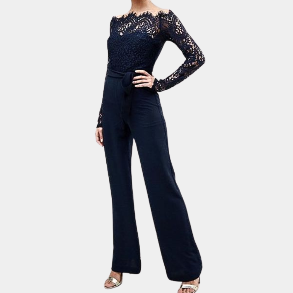 Donkerblauwe kanten jumpsuit met lange mouwen en wijde pijpen, elegante avondkleding voor dames, perfect voor feestjes en speciale gelegenheden.