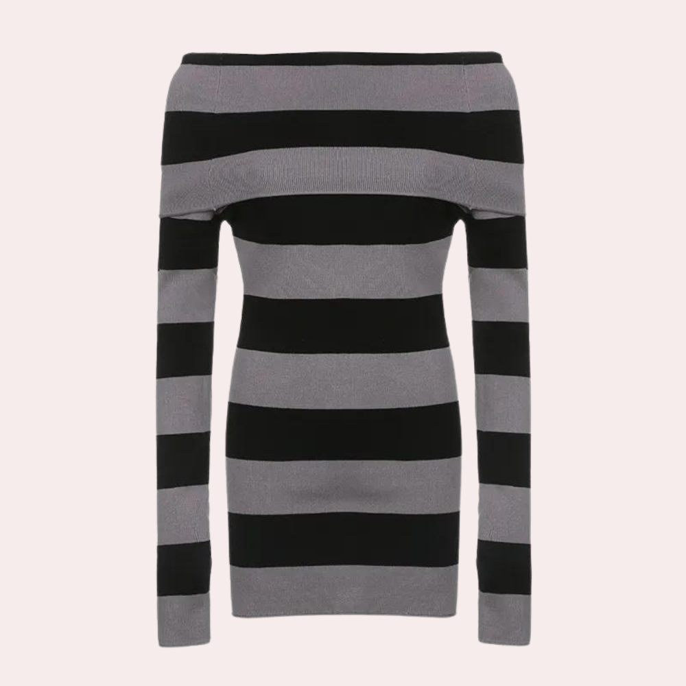 Zwart-grijs gestreepte off-shoulder trui voor dames, modieuze lange mouwen, comfortabele pasvorm, trendy dameskleding, herfst-winter mode.