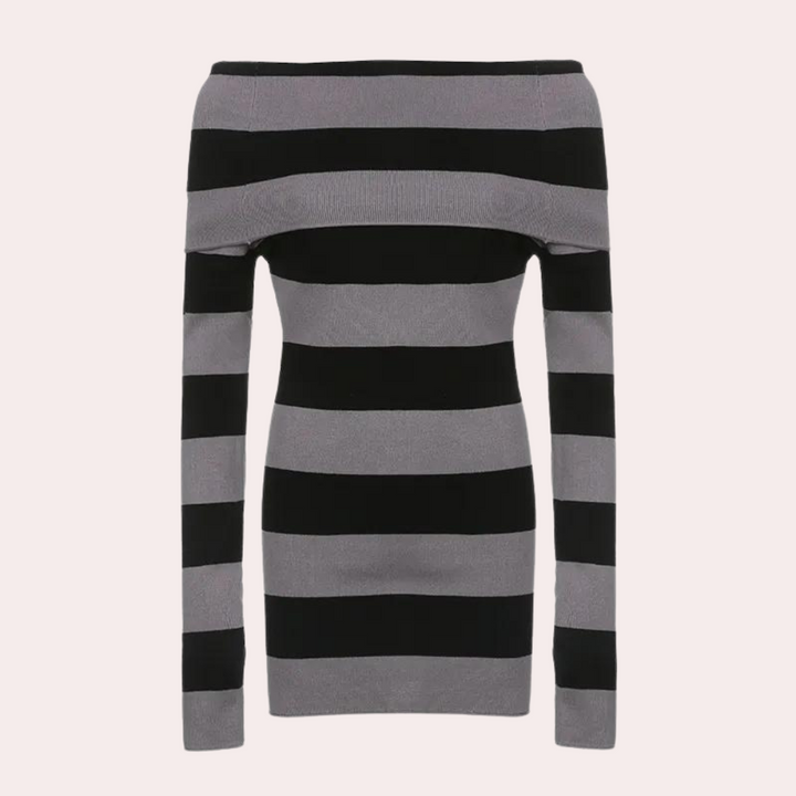 Zwart-grijs gestreepte off-shoulder trui voor dames, modieuze lange mouwen, comfortabele pasvorm, trendy dameskleding, herfst-winter mode.