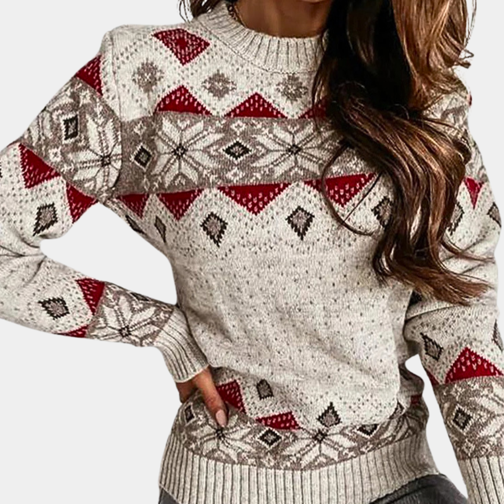 Damestrui met Noors patroon, beige en rood, gebreid, wintermode, warme kleding, casual stijl, lange mouwen, comfortabele pasvorm.